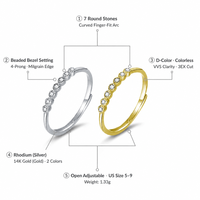 Bague ajustable en moissanite couleur D VVS, sertie clos, en argent S925 plaqué rhodium et or 14K, taille 3EX, pour usage quotidien