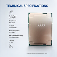 Gold 6338 3rd Gen Scalable CPU Processor DDR4 3200MHz 32 Cores 64 Threads 2.00 GHz 48MB 205W High Density Enterprise Server CPU