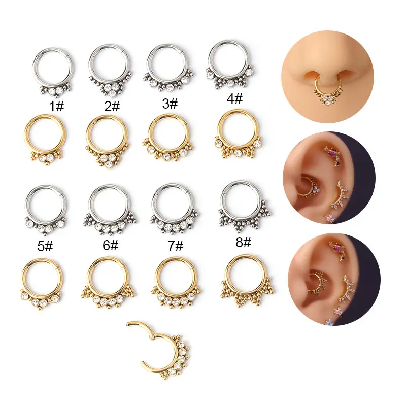 Piercing de segmento giratório de aço inoxidável, 16g, argola com cristal de nariz, septo, anel daith para mulheres, joia do corpo