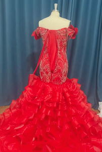 Robe de <span class=keywords><strong>mariée</strong></span> sirène africaine rouge perlée 2026, <span class=keywords><strong>grande</strong></span> <span class=keywords><strong>taille</strong></span>, épaules dénudées, avec traîne à volants superposés, pour soirée et cérémonie - Product Image 4