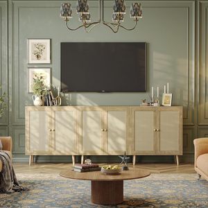 <span class=keywords><strong>Meuble</strong></span> <span class=keywords><strong>TV</strong></span> moderne en bambou avec portes décoratives en rotin tressé, rangement multifonctionnel pour salon, couloir et entrée - Product Image 3