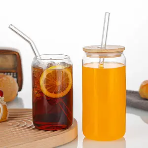 High Quality 12oz 16oz 20oz Water Bottle Glass with Bamboo Cover and Glass Straw Used for Ice Coffee Cup Tea Whisky