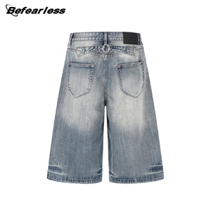 Pantalones Cortos Vaqueros Americanos Retro Personalizados, Lavados, Azules, Estilo Urbano, Vintage, Rectos, Desgastados, Blanqueados y con Efecto Desgastado - Product Image 3