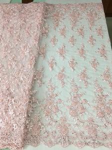 Tissu en <span class=keywords><strong>dentelle</strong></span> perlée rose avec paillettes, broderie de haute qualité, pour robe de mariée, nouvelle collection de luxe - Product Image 5