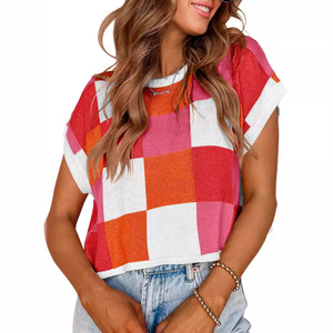 2024 printemps été casquette haut court manches couleur bloc col rond tricoté damier pull court - Product Image 3