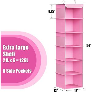 6 Shelf <b>Hanging</b> Closet Organizer Pink Bedroom Storage Modern Design Non Woven Fabric <b>Hook</b> Type - Product Image 3