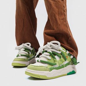 Ladies Low‑Top Sneakers Green White Canvas Raw Edge Deconstructed Double Laces Cartoon Patch Wavy Thick Sole Casual Sneakers - Product Image 3