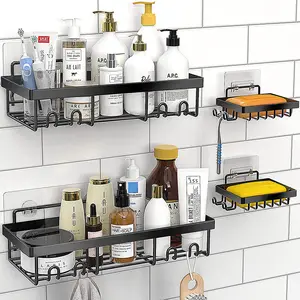 Nieuwe Wandgemonteerde Douche Caddy Badkamer Organizer Toilet Planken Rack Accessoires Set Zwart Zelfklevende Handdoek Plank Voor Opslag