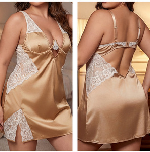 Chemise de nuit en satin et dentelle pour <span class=keywords><strong>femme</strong></span> <span class=keywords><strong>grande</strong></span> <span class=keywords><strong>taille</strong></span>, col en V, fente latérale, avec soutien-gorge push-up intégré - Product Image 2