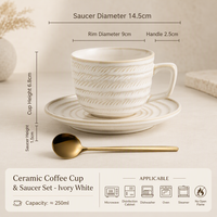 Ensemble tasse à café et soucoupe en céramique rétro à motif plume, mug en porcelaine haute température, glaçure artisanale rétro pour la maison, le bureau et le café