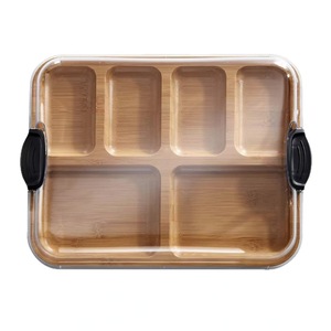 Bandeja de servir de bambú con tapa acrílica, 6 compartimentos, asa para fiestas en casa, frutas y bocadillos - Product Image 1