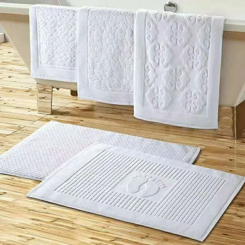 100% Cotton Nhà Khách Sạn Phòng Tắm Non-Slip Mat Chăn Tùy Chỉnh Jacquard Khắc Bông Chân Phân Khăn