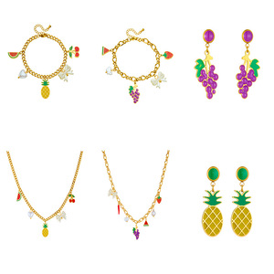 Fruit Pattern Jewelry <b>Set</b> Zinc Alloy Women's Party Necklace <b>Bracelet</b> Earrings With Pineapple Grape Cherry Watermelon Design - Product Image 5