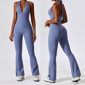 <span class=keywords><strong>Justaucorps</strong></span> de danse et de fitness sexy à décolleté plongeant en V pour femmes, <span class=keywords><strong>justaucorps</strong></span> de yoga personnalisables avec col halter + pantalon évasé, combinaisons de sport pour la salle de sport - Product Image 3