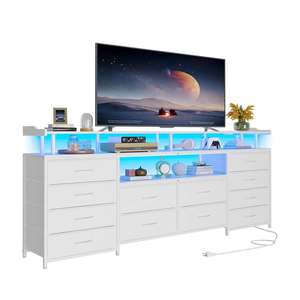 Meuble TV de salon avec étagères, <span class=keywords><strong>commode</strong></span> <span class=keywords><strong>longue</strong></span> blanche avec 12 tiroirs en tissu, lumières LED et station de charge - Product Image 6