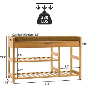 Bamboo Shoe Rack 2 Layer <b>Storage</b> Bench Modern Design For Entryway With <b>Cushion</b> Top - Product Image 2