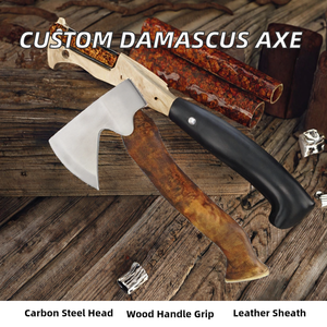 Couteau de cuisine Damas de qualité industrielle supérieure, fait sur mesure, avec fourreau en cuir et manche en bois, et hache à tête plate - Product Image 2