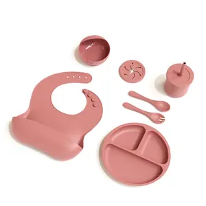 Food Grade Baby Bowl Suction Plate Sippy Cup Bib Spoon Weaning Set Baby Dish Tableware Silicone Baby Feeding Set For Children