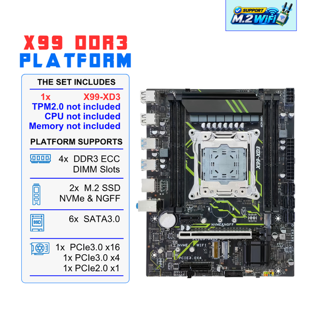 New X99-XD3 Mainboard with LGA 2011-3 Supports Xeon E5 Quad Channel 4X DDR3 ECC RAM SATA3.0 NVMe M.2 WIFI USB3.0 X99 Motherboard