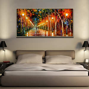 Peintures à l'huile sur toile abstraites d'arbres d'automne avec palette texturée 3D, art mural, paysage de rue nocturne sous la pluie - Product Image 2
