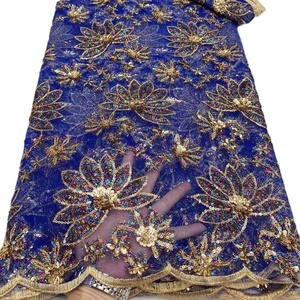 レッドチュールゴールデンスパンコール刺繍レディースアフリカレース生地パーティードレス - Product Image 1