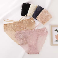 Best verkochte sexy zachte kant kruisbandjes effen gebreide bikini doorschijnende lage taille slip met opening voor dames feest intieme kleding