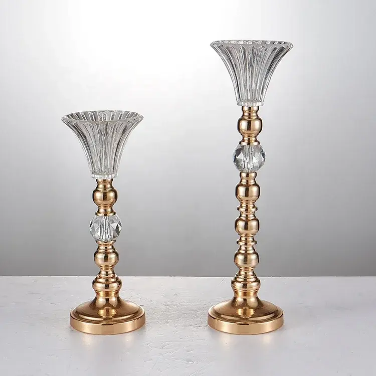 Luxe Design Moderne Trompet Bruiloft Decoratie Tafel Middelpunt Glas Goud Metalen Vaas