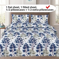Parure de draps en microfibre 4 pièces motif arbre bleu : drap-housse, drap plat, taies d'oreiller