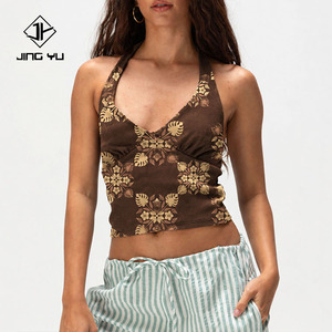 New Beach Hawaiian Print Washed Backless Halter Neck <b>Top</b> with Custom Ribbed Cotton <b>Cropped</b> <b>Top</b> - Product Image 1