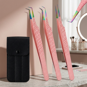 Lot de 3 pinces à cils roses en acier inoxydable, à pointe incurvée de précision, pour volume et isolation des cils, outils de beauté avec étui - Product Image 3