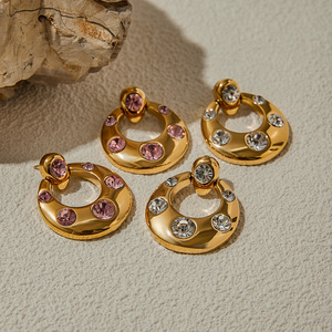 Pendientes de Aro de Acero Inoxidable con Oro de 18K y Circonitas, Diseño Geométrico Estilo Manija de Puerta, Joyería para Fiesta - Product Image 3