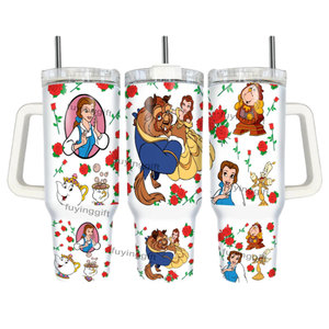 Bouteille isotherme en acier inoxydable de 40 oz avec logo personnalisé, motif Princesse de dessin animé, avec poignée et paille - Product Image 6