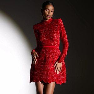 A11275 Abito Mini in <span class=keywords><strong>Velluto</strong></span> <span class=keywords><strong>Rosso</strong></span> con Pizzo per Donna: <span class=keywords><strong>Vestito</strong></span> da Festa a Maniche Lunghe con Collo Alto e Cintura - Elegante Abbigliamento da Cocktail/Sera Formale - Product Image 1