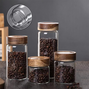 <span class=keywords><strong>Tarro</strong></span> de almacenamiento de especias de vidrio de grado alimenticio para cocina con forma de cilindro transparente personalizado alto borosilicato hermético Acacia té café azúcar sal - Product Image 4