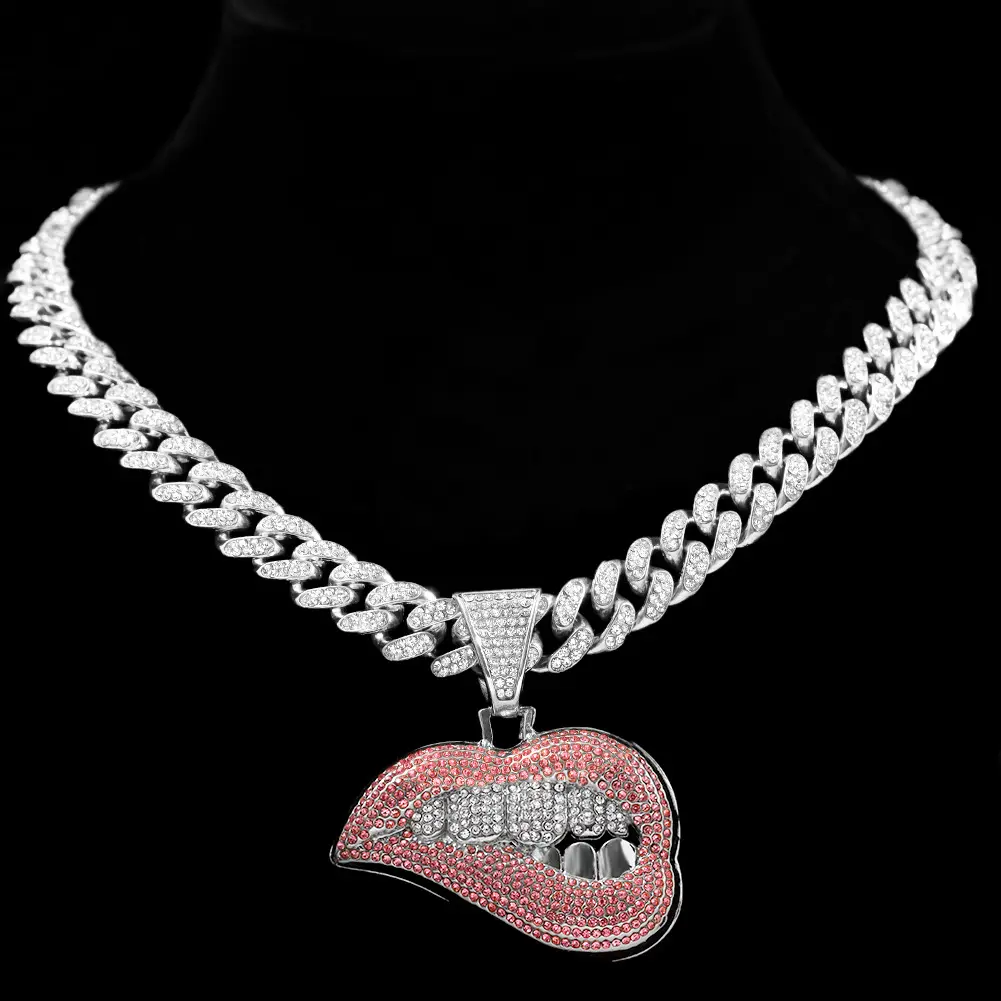 Fashion Jewelry Men Women Hip Hop Iced Out Bling Bite Lip Shape Pendant Necklace