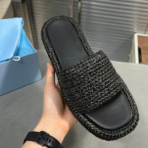 Sandales de créateur pour femmes, sandales de mode en paille, mules en cuir à enfiler, claquettes de piscine, talons épais, été, plage - Product Image 3