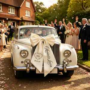 Nœud en ruban de satin personnalisé pour voiture de mariage, grand nœud en satin pour voiture de mariage avec noms, décoration romantique pour voiture de fuite des mariés - Product Image 3