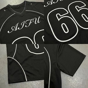 T-shirt en maille épaisse personnalisé avec impression sérigraphique, col en V pour homme, streetwear, jersey de football vintage surdimensionné, tee-shirt hip hop - Product Image 2