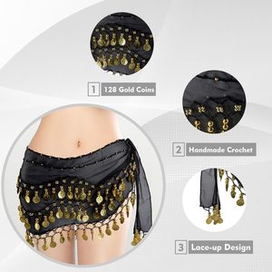 Sciarpa monodimensionale monodimensionale per danza del ventre con 128 monete d'oro stampata da palcoscenico da donna - Product Image 6