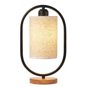 Tonghua Modern Linen Cover Metal Frame Round Wood Base LED Edison Bulb Table Lamp Bedside Desk Light