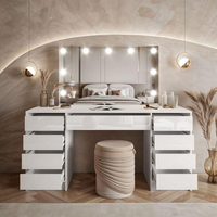 Commode en bois durable et de haute qualité, finition blanc brillant, avec miroir et tiroirs spacieux, lampe d'éclairage pour chambre à coucher