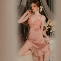 Piyama Berkualitas Tinggi Bordir Berongga Seksi dengan Renda Jala, Gaun Tidur Panjang Sutra Satin dengan Bantalan Dada