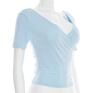 Viviblook Y26TP059 Camiseta informal de primavera y verano para mujer, nueva camiseta con cuello en V cruzado, manga corta, corte ajustado, Top para mujer - Product Image 2