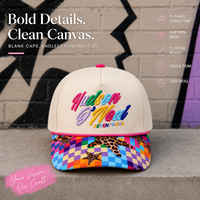 Casquette de baseball personnalisée à 5 panneaux avec impression bicolore, visière imprimée étoile de mer et motif damier coloré, avec cordon