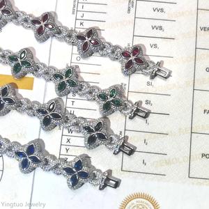 Luxury Hip Hop Jewelry Colorful Moissanite Iced Out S925 Silver Cuban <strong>Clover</strong> <strong>Bracelet</strong> - Product Image 4