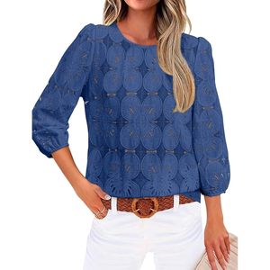 FOXA Blusa de encaje azul real para mujer, manga 3/4, estampado floral, top informal para uso diario - Product Image 2