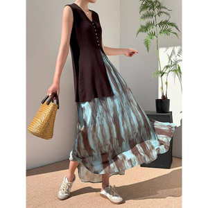 High Waist Tie Dye <b>Chiffon</b> <b>Long</b> <b>Skirt</b> Women Summer Beach Style A Line Full <b>Skirt</b> Blue Breathable - Product Image 2