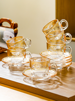 Ensemble de 6 tasses à thé et soucoupes en verre floral vintage de style nordique classique, cadeau de luxe