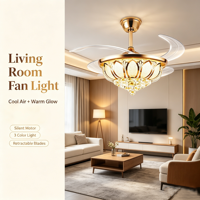 Ventilateur de plafond LED silencieux et dimmable Lotus Crystal Gold avec télécommande, rétractable, pour intérieur