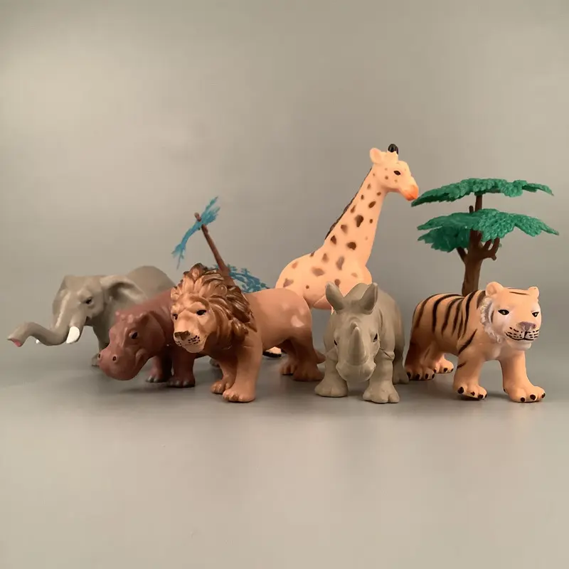 6 маленьких, мягкая резина, имитация диких животных, полый тигр, Лев, слон, жираф, бегемот, носорог, игрушка оптом